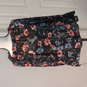 Boho printed top, bell sleeves,  black background with pink and blue flower